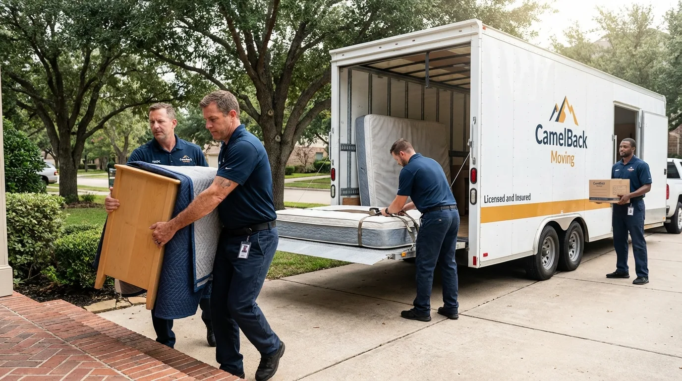 Crew loading residential truck for cross-state move from Cisco, TX