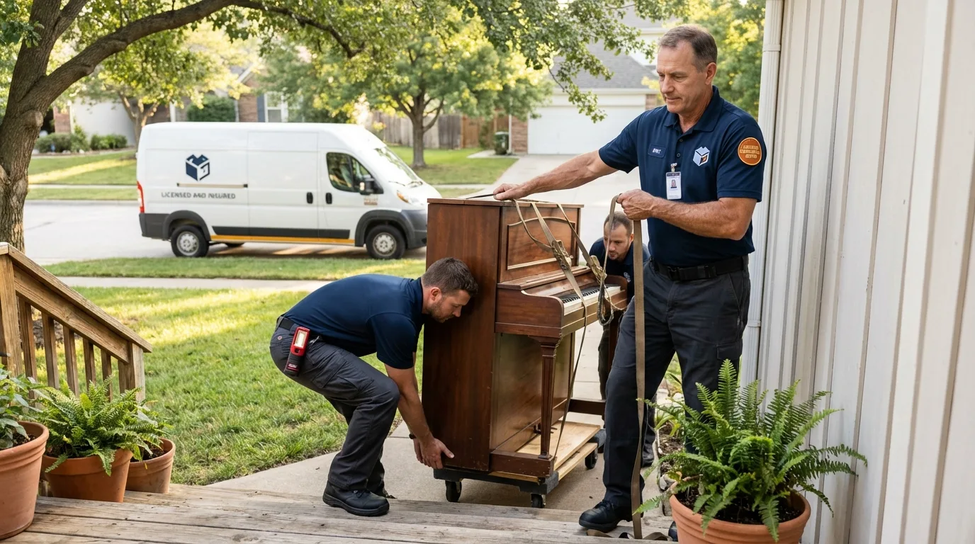 Licensed piano movers securing grand piano in Cisco, TX