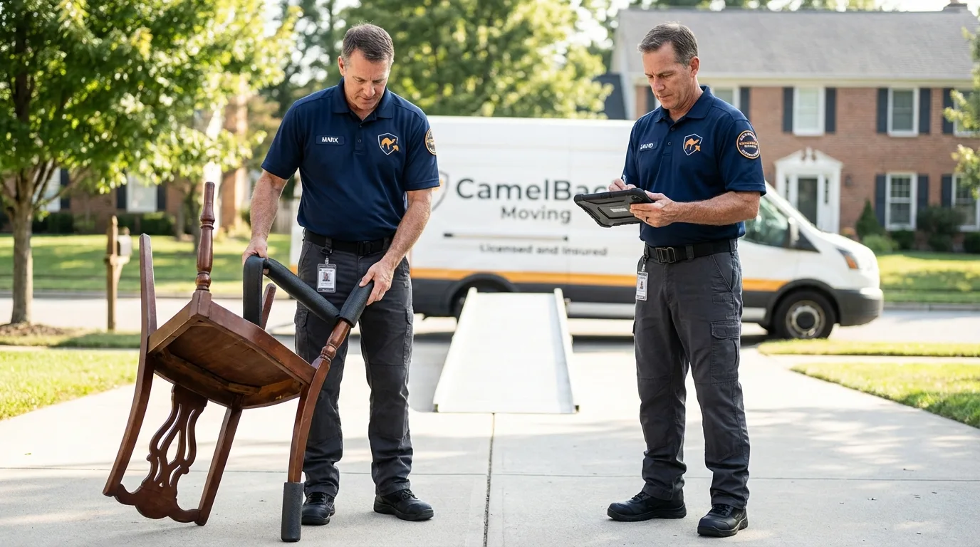 Movers inspecting furniture for damage prevention before loading in Cisco, TX